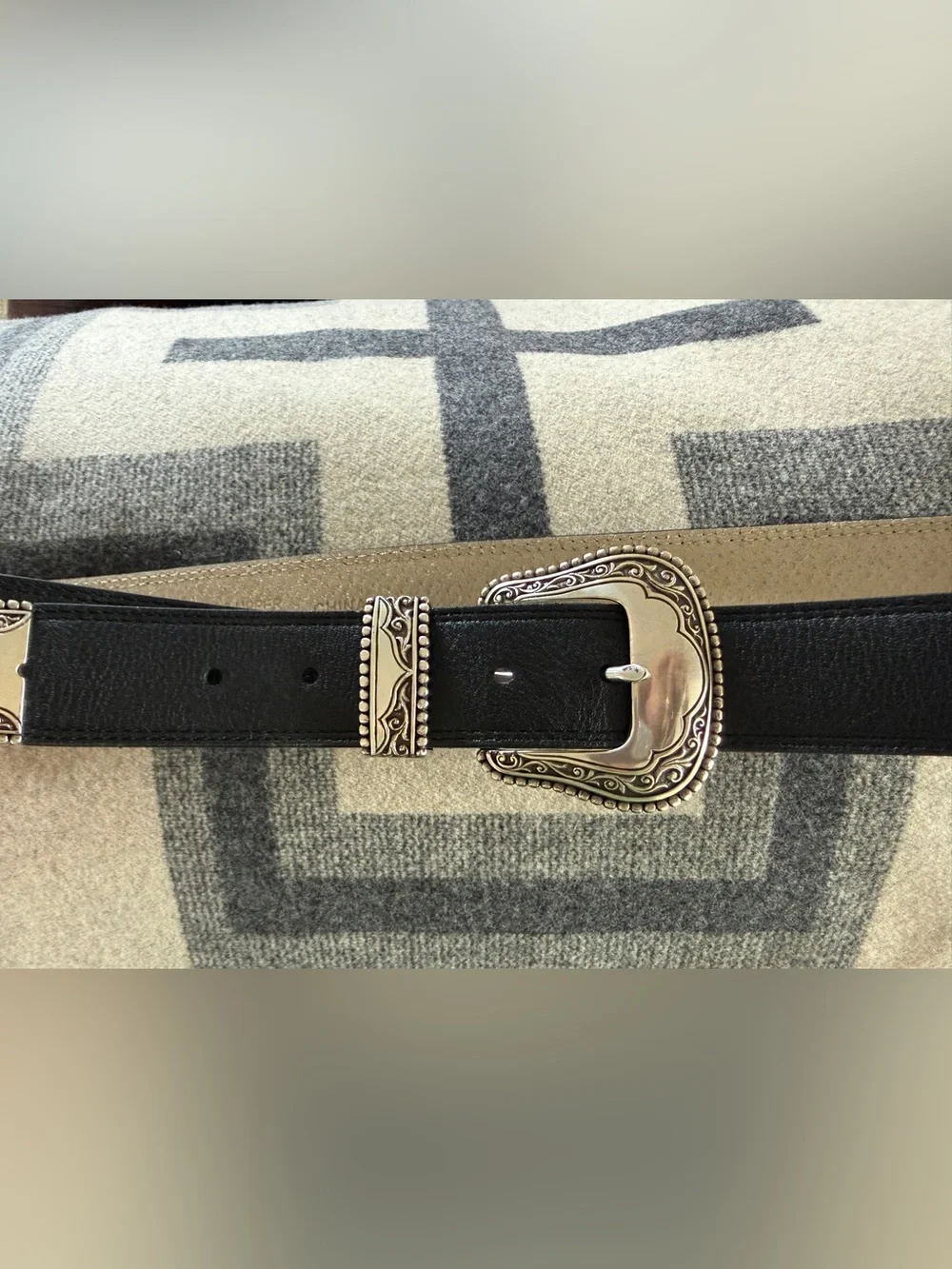 Black Western Belt Ornate Silver Buckle & Tip M
